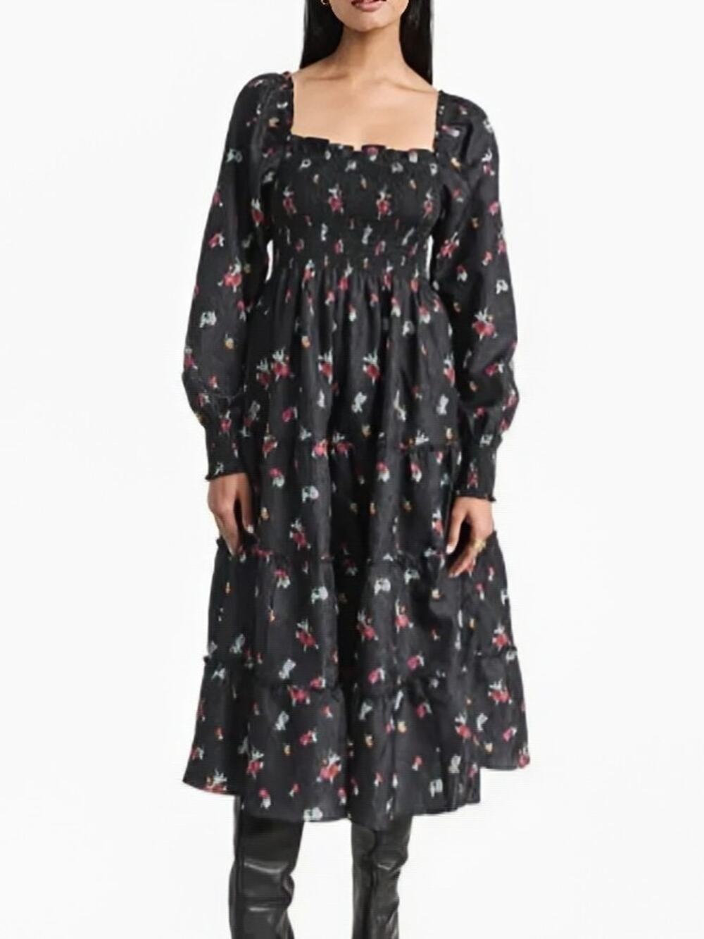 Hill House Home Naomi Nap Dress Black Ikat Taffeta Floral Midi NWT Size Small